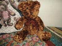 Brown Curly Plush Teddy Bear with Burgundy Chiffon Ribbon