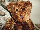 Brown Curly Plush Teddy Bear with Burgundy Chiffon Ribbon