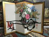 Antique Asian Japanese Original Hand Painted 4 Panel Screen Flower Cart 11x16"