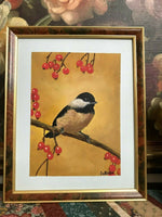 Original Oil Painting CHICKADEE Bird with Berries Artist Signed Schildt Schiedt 14