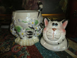 Striped Grinning CAT Cookie Jar Glossy Pearl Porcelain Floral Hand Painted 10"