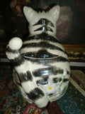 Striped Grinning CAT Cookie Jar Glossy Pearl Porcelain Floral Hand Painted 10"