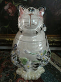 Striped Grinning CAT Cookie Jar Glossy Pearl Porcelain Floral Hand Painted 10"