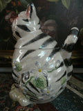 Striped Grinning CAT Cookie Jar Glossy Pearl Porcelain Floral Hand Painted 10"