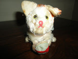 Antique Tin Wind Up Mechanical Tabby Cat Ball Japan Silk Plush Glass Eyes Works