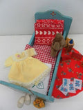 Antique Europe 1950s Wooden Doll Bed with Hong Kong Doll & Accessories
