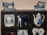 Old Vintage Europe Wooden Cabinet Miniature Delft Blue Porcelain Assorted & Doll