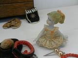 Antique Europe 1950s Doll & Oak Wooden Blanket Box Handmade w Accessories