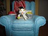B&W & Orange Cat on Blue Armchair Figurine Handpainted Imported LDT Montreal