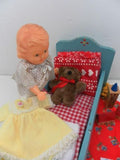 Antique Europe 1950s Wooden Doll Bed with Hong Kong Doll & Accessories