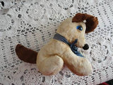 Antique 1940s Beige Brown Silk Mohair Dog Blue Glass Eyes 6 inch