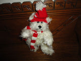White Shaggy Teddy Bear wearing Knitted Hat & Scarf Pointed Snout