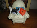 B&W Cat on Beige Armchair Figurine Handpainted Imported LDT Montreal Canada
