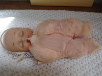 Antique Vintage Musical Moving Baby Girl Doll Silk Plush Windup Key Bottle Moves