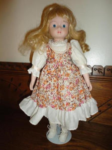 Vintage 1970's Porcelain Doll Blonde Hair Cotton Flowered Dress 16 inch