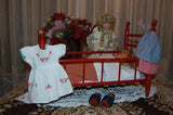 Antique 1930's Wooden Doll Crib 20 Inch Red Wood With 2 Dolls and Accessories