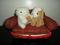 Russ Berrie KITTEN CAT & PUPPY DOG Sitting Plaid Sofa w Present Item 6352 CUTE !