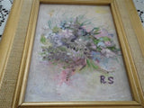 Original Oil Painting Purple Flowers Artist Signed RS Framed Artwork 3.5x4.75"