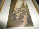 Little Girl Standing Flower Bouquet Textured Artwork Antique Framed