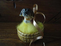 Pekingese Porcelain Sad Puppy Dog in Basket Vintage Japan Figurine