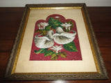 Original Beaded Tapestry Art  LILIES BOUQUET Antique Wood Frame & Glass 1978