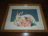 Vintage Tapestry Handmade Needlepoint  Bunny Rabbit in Wooden Frame Artwork