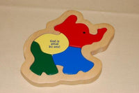 Vintage Religious Dutch Wooden Elephant Inlay Puzzle God Is Always With Us