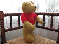 Brown Wool Terry Plush Jointed Valentines Bear Wearing Sweater 2 Hearts