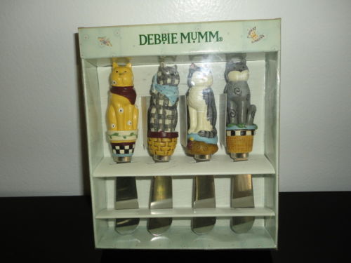 Artist Debbie Mumm Garden Cat Jelly Cheese Spreaders Wood Steel Carved Boxed Set