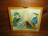 Antique 1930's British Empire Made Mini Art Print Girl & Boy w Dog Metal Hanger