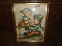 Vintage Hummel Print by Rov Wooden Frame Girl on Fence Boy w Flute