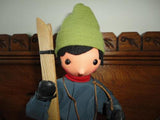 Vintage Prago Czechoslovakia Skier Doll 10 inch Wooden Skis & Pole