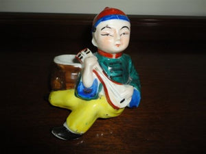 Antique Vintage Porcelain Occupied Japan Man w Instrument Planter Hand Painted