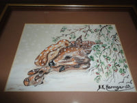Original Signed Watercolor Art Artist H.K. Harmgardt WINTER SNOW FAWN & RABBIT