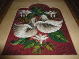 Original Beaded Tapestry Art  LILIES BOUQUET Antique Wood Frame & Glass 1978