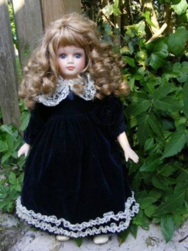 Gorgeous European Porcelain Doll 45 CM Dark Blue Velvet Dress | Jadees Antique Bear Shoppe Gorgeous European Porcelain Doll 45 CM Dark Blue Velvet Dress | Jadees Antique Bear Shoppe