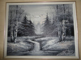 Framed Original Oil Painting on Canvas BARRY Artist Evergreen Forest Stream Bird