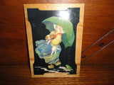 Antique Vintage Wooden Mini Art Print Dutch Girl w Puppy Dog Rain Frog Umbrella