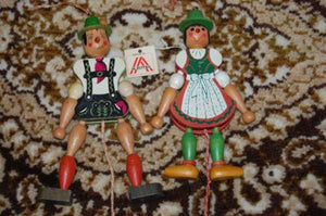 Antique 1950s Austria Tiroler Harlequin Wooden String Puppets Dolls Handmade