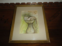 Original Artist Handpainted Signed Watercolor Art Cat in Fountain Framed w Glass