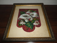 Original Beaded Tapestry Art  LILIES BOUQUET Antique Wood Frame & Glass 1978