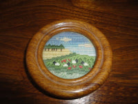 Original Miniature Hand Embroidered One of a Kind Art Sheep Meadow Oak Frame 3