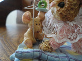 Baby Bunny Rabbit & Mouse w Pacifier on Quilt Porcelain Figurine Hand Painted