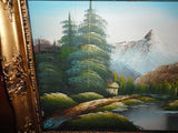 Vintage Original Oil Painting Cabin Lake Mountain Trees Scene 15 x 12 inch