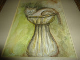 Original Artist Handpainted Signed Watercolor Art Cat in Fountain Framed w Glass