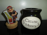 Vintage Casino Money Bank Jar Funny Old Woman at Slot Machine Cork Stopper