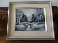 Framed Original Oil Painting on Canvas BARRY Artist Evergreen Forest Stream Bird