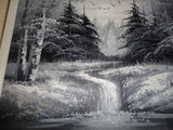 Framed Original Oil Painting on Canvas BARRY Artist Evergreen Forest Stream Bird