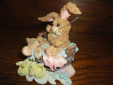 Baby Rabbit and Mouse in Bubble Bath w Bunny Slippers Porcelain Figurine