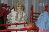 Antique 1930's Wooden Doll Crib 20 Inch Red Wood With 2 Dolls and Accessories